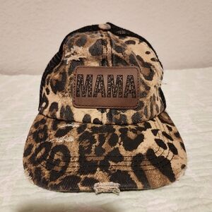 PS Hats MAMA leopard print distressed ponytail hat. OSFM
